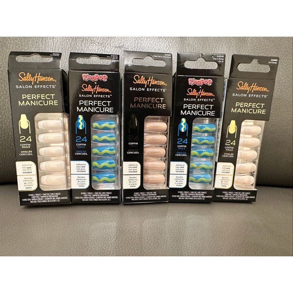 Sally Hansen Ring Pop Green and Blue and French Tip Coffin Shape Nails New